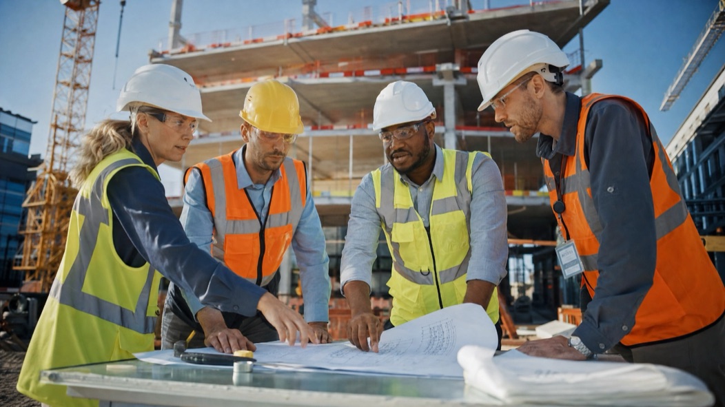 Equipe técnica em obra avaliando projeto e riscos de Segurança do Trabalho