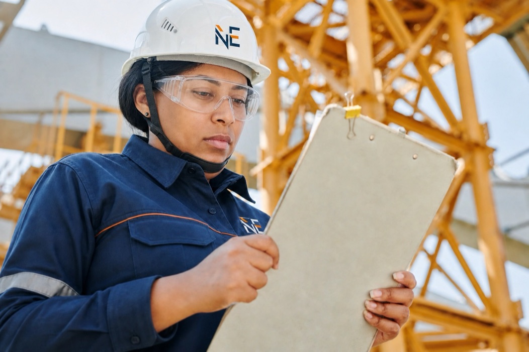 Profissional de segurança realizando vistoria técnica em canteiro de obras